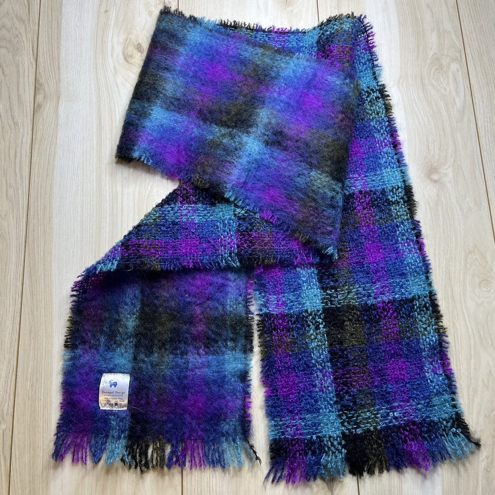 Donegal Design Mohair Wool Blend Purple and Blue Black Stripe Scarf 70"x 9" Soft
